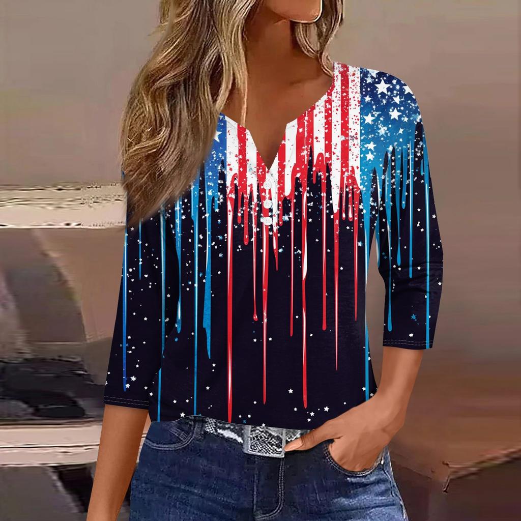 Women's T Shirt Print Button 3/4 Sleeve Daily Weekend Fashion Basic V- Neck Regular Top