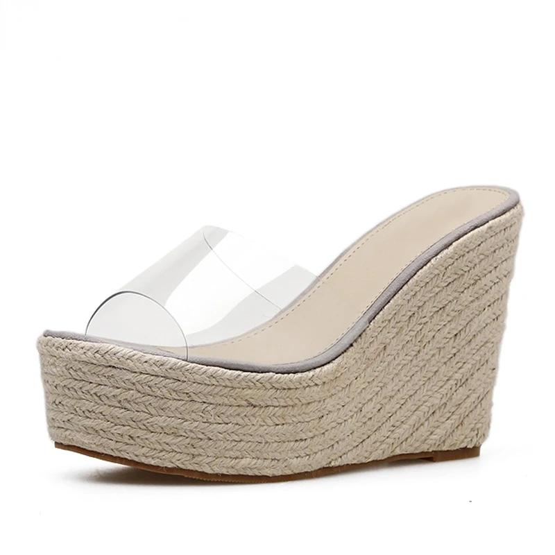 2024 Новые летние сандалии из ПВХ-желе, тапочки, повседневные сексуальные женские сандалии на танкетке 11,5 см, удобные тапочки, большой размер 34-40