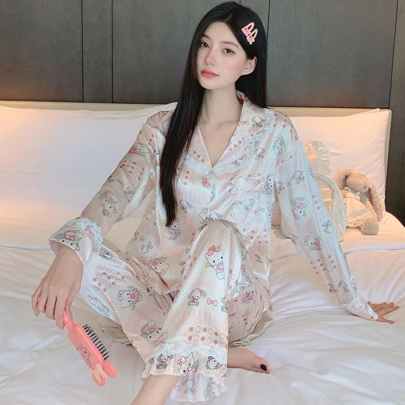Japanese Sweet Ins Ice Silk Pajamas Set for Women - Light Luxury, Long Sleeve, Long Pants, Suitable for Spring and Autumn/Homewear.