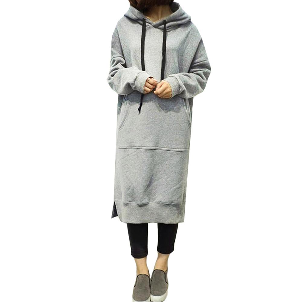 Новые женские свободные длинные толстовки с капюшоном, однотонные повседневные теплые толстовки с карманами и длинными рукавами