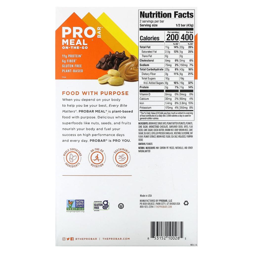 ProBar Portable Meal, Peanut Butter Chocolate Chip, 12 Bars, 3 Oz (85 G) Each