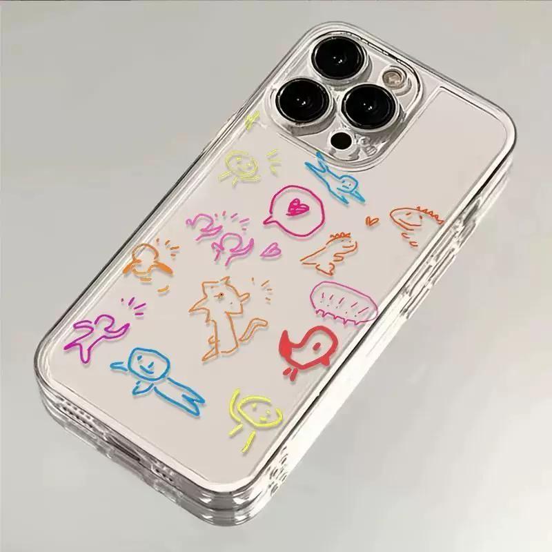 Cute Doodle Clear Phone Case, Colorful Cartoon Dinosaur Animal Shockproof Cover for iPhone