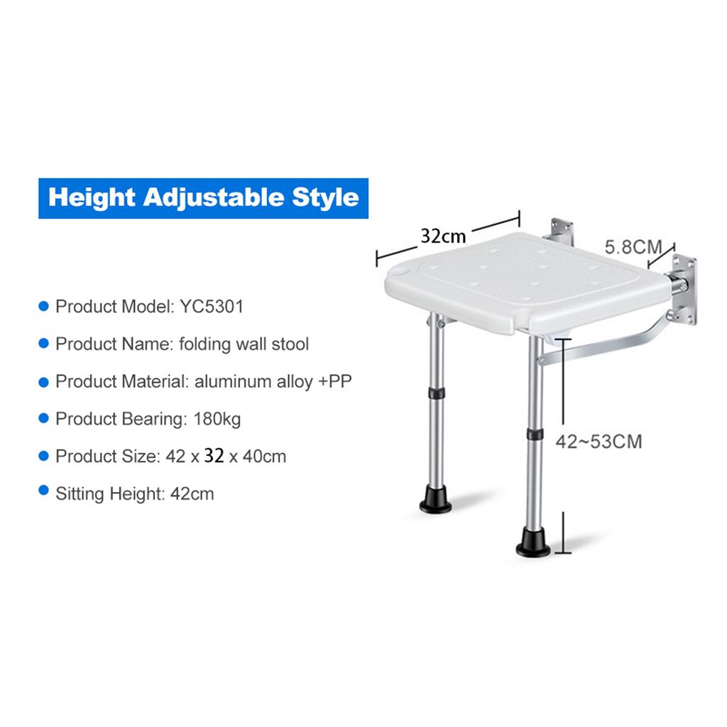 Folding Shower Bench Wall Mounted Flip Up Bath Seat Screw In Bathroom Chair Stool with Non Slip Feet Drainage Holes