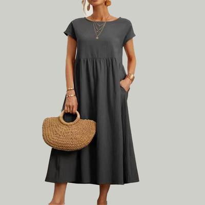 Весенне-летние женские длинные хлопковые льняные платья большого размера, однотонное повседневное платье с коротким рукавом и круглым вырезом