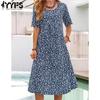 Women's Fashion Summer Spring Flower Pattern Print Short Sleeve O-Neck Middle Waistline Casual Dresses
