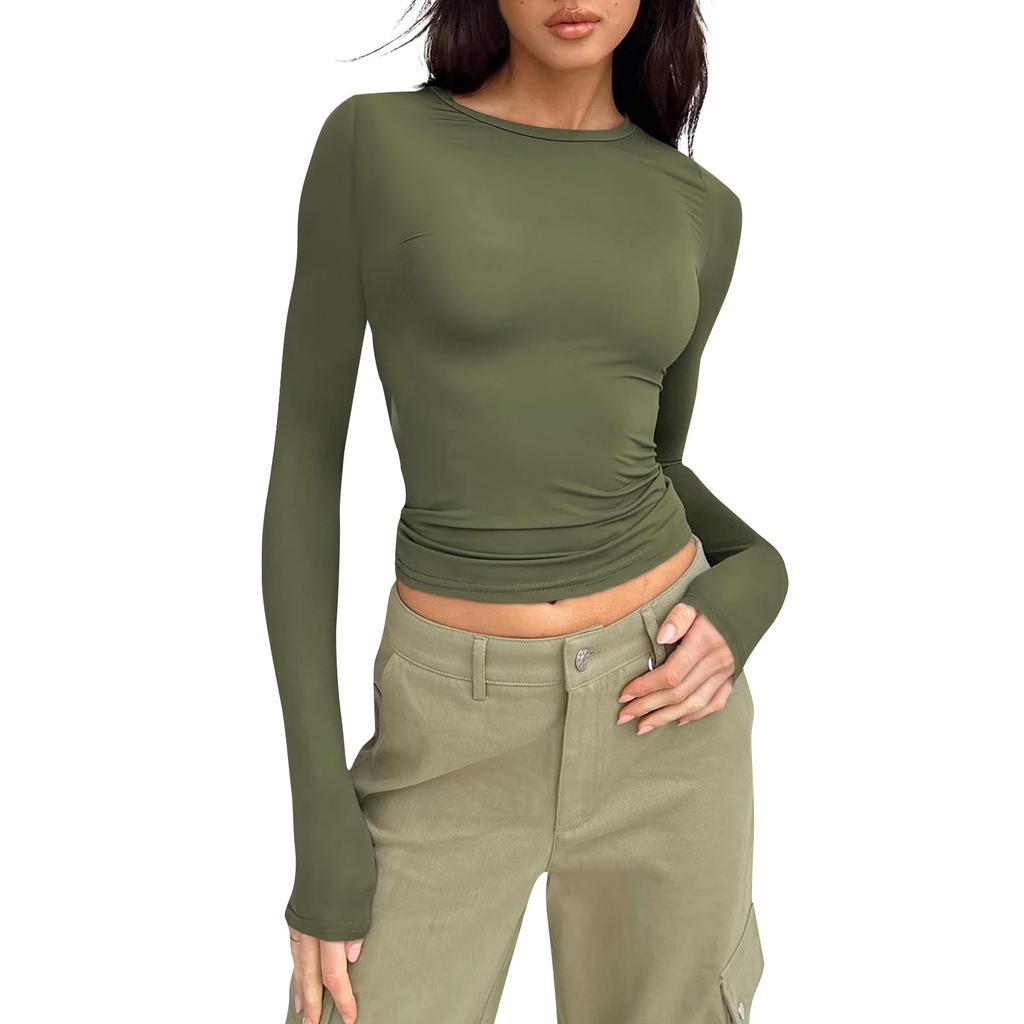 Женская модная однотонная футболка с круглым вырезом и длинными рукавами, топ