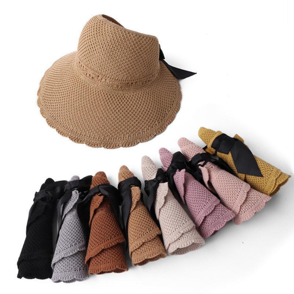 UV Protection Wide Brim Hat Ponytail Scallop Cap New Crochet Hat  Women