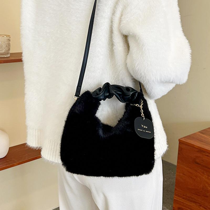 Yogodlns Women Faux Fur Plush Handbags Ruched Handle Small Lady Shoulder Crossbody Bag Casual Half-Moon Hobos Winter Bags for Women