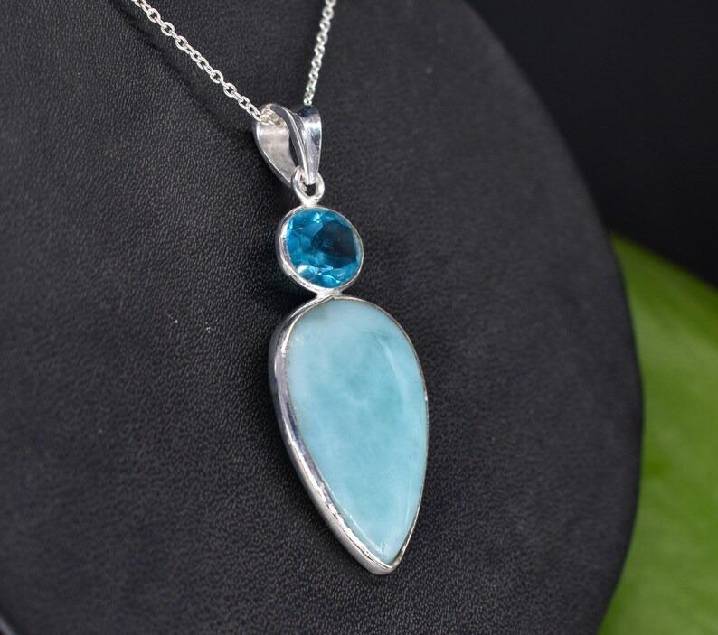 Larimar & Blue Topaz Gemstone Necklace, Boho Jewelry, Designer Jewelry, 925 Sterling Silver, Birthday Jewelry, Gift For Her
