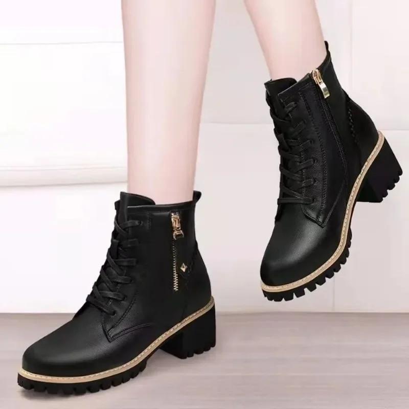 2024Hot Selling Women Shoes with Heel Boots Ankle Trend Autumn British Style Leather Thick Fur Ladies Short Boot Winter Footwear