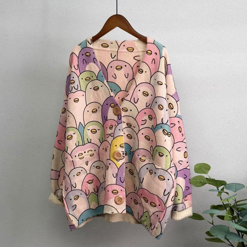 DIMANAF Новинка 2023 года, осенние свитера больших размеров, кардиган большого размера, женские свитера с цветочным принтом и мультяшным принтом, вязаный свободный свитер