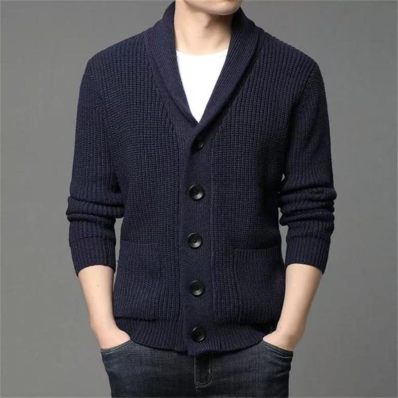 Autumn Winter Men's Thick Button Cardigan Green Fruit Collar Sweater V-neck Solid Color Casual Sweater