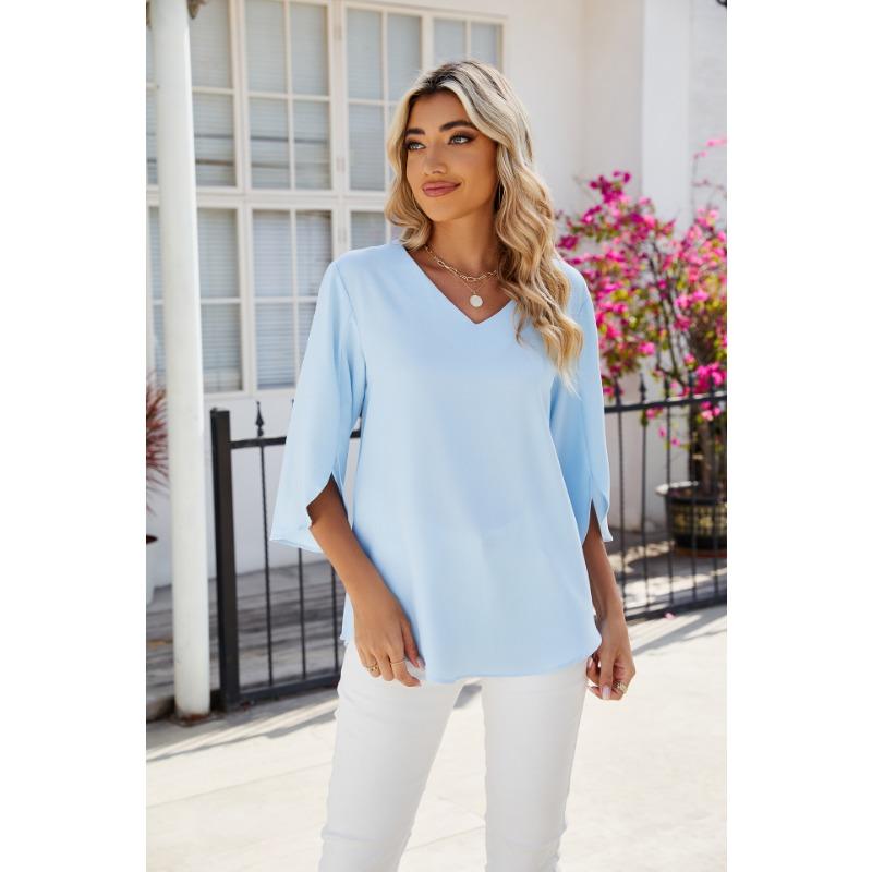 Летняя женская футболка, новый однотонный свободный топ с короткими рукавами и v-образным вырезом со средним рукавом