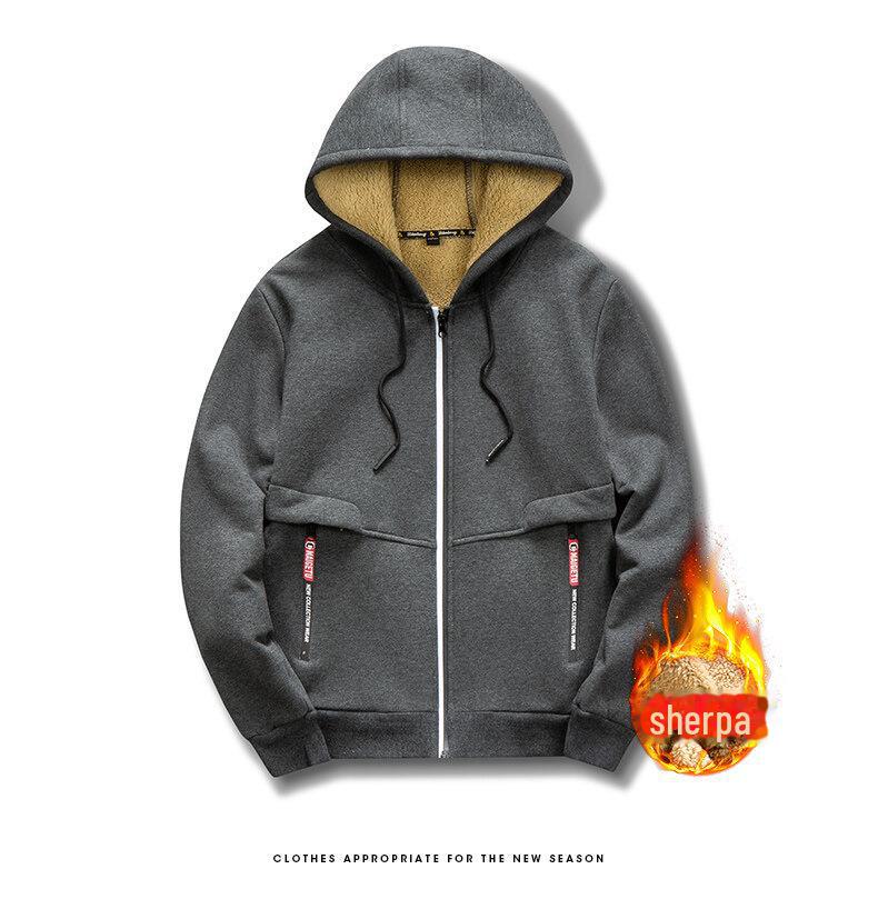 Мужская толстовка с капюшоном из овчины, осень/зима 2023 г., модный однотонный цвет, плюс бархат, утолщенная куртка