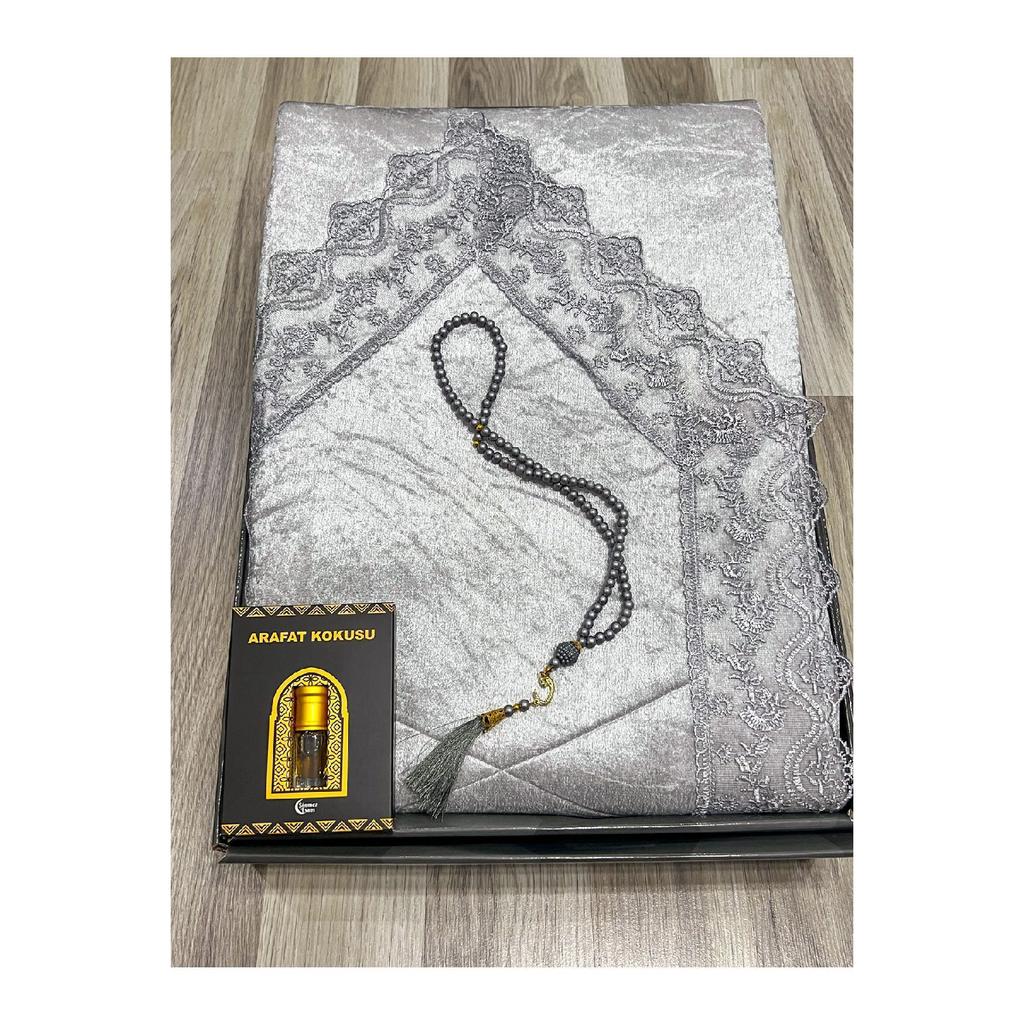 3 Piece Prayer Rug Set, Dowry Bundle Boxed, Velvet Laced Bride And Groom Set