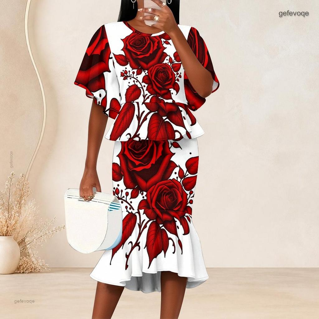 Women Plus Size Two Piece Set Round Neck Batwing Sleeve Ruffle Hem Top Fishtail Skirt American Flag Printed Red Blue White