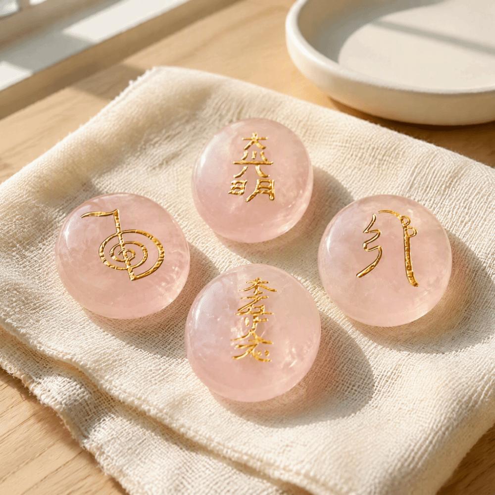 4Pcs Rose Quartz Meditation Stones Set Flat Oval Reiki Symbol Stones Set Home Decor