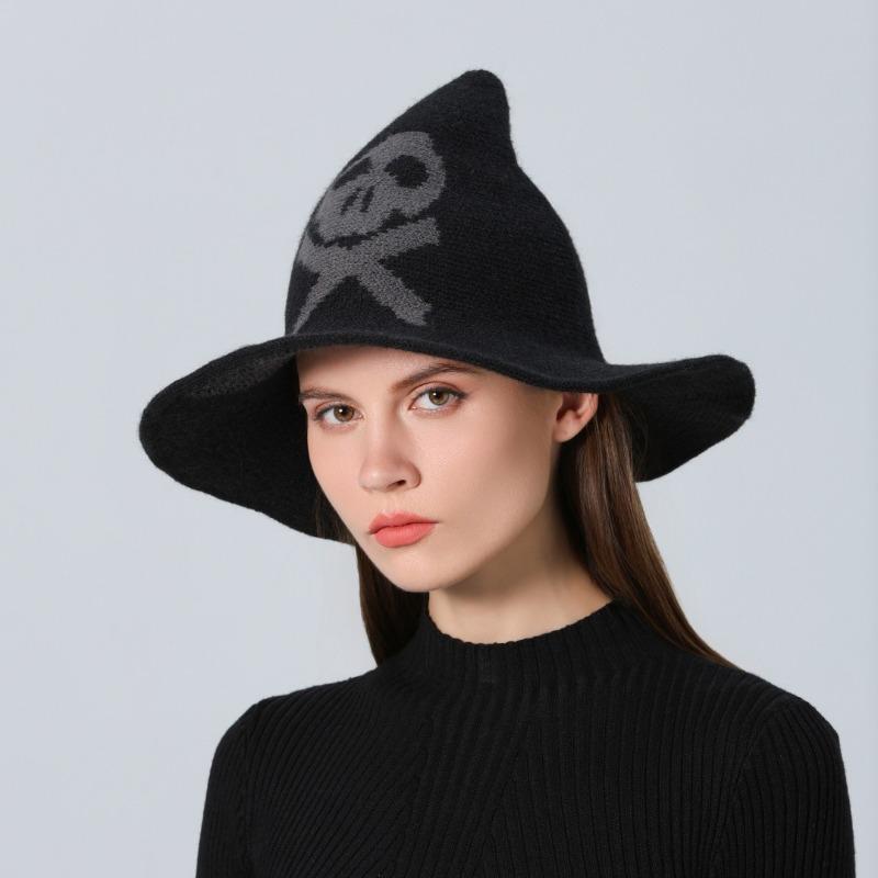 New Halloween Skull Wizard Hat Big Eaves Wool Knitted Ghost Head Witch Hat Women's Party Hat