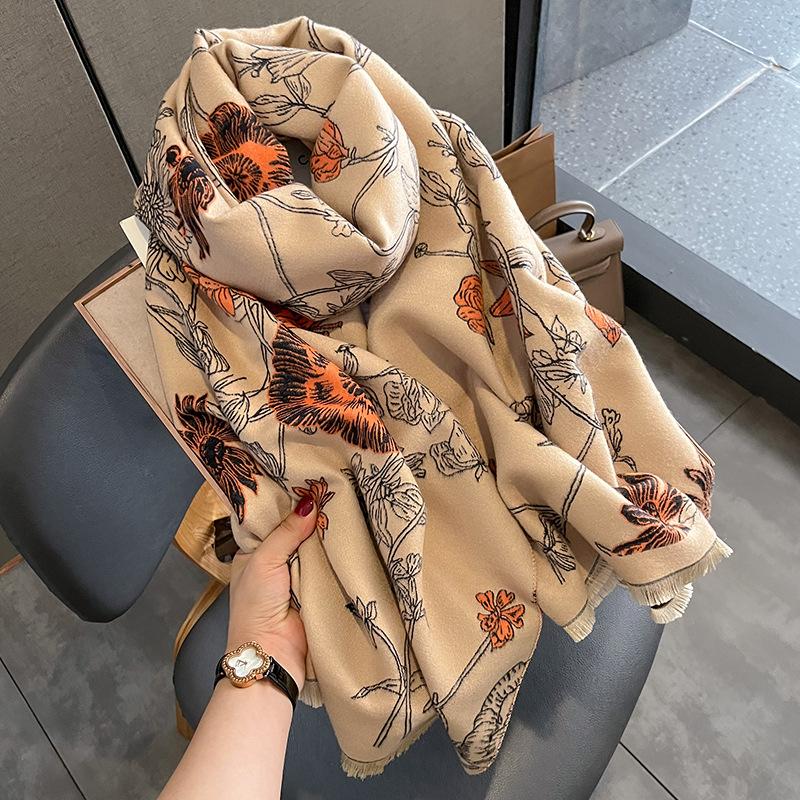 Winter Thickened Warm Scarf Floral Tassel Pashmina Shawl For Women Imitation Cashmere Warps Autumn Coldproof Windproof Blanket