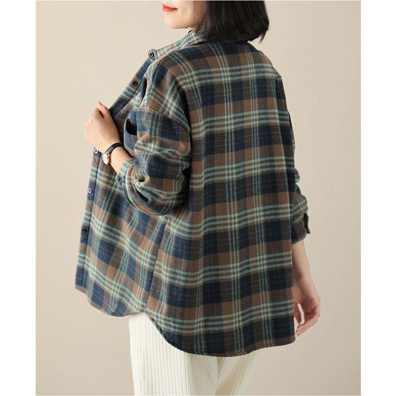 Casual Loose-Fitting Plaid Cotton Shirt for Women, Perfect for Autumn
