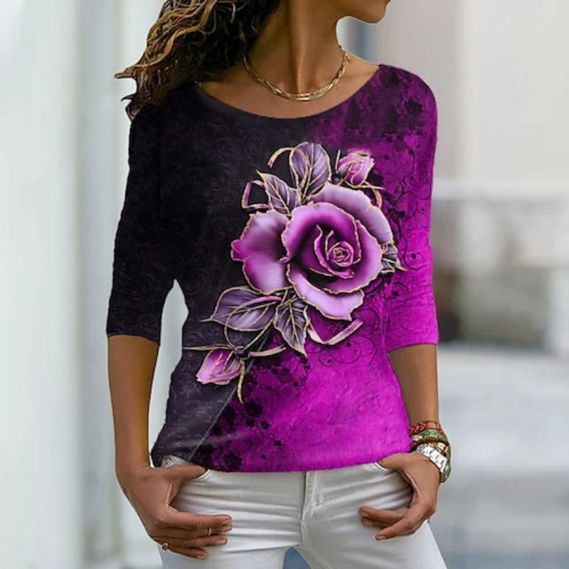 Осенняя универсальная женская футболка с длинными рукавами и цветочным принтом, обычный повседневный топ в стиле ретро с круглым вырезом и разноцветным принтом в стиле бохо