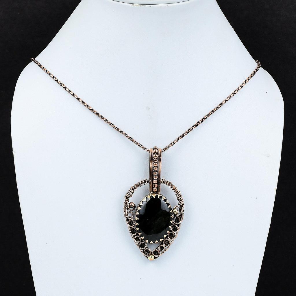 Silver Sheen Obsidian Gemstone Handmade Jewelry Pure Copper Wire Wrapped Pendant