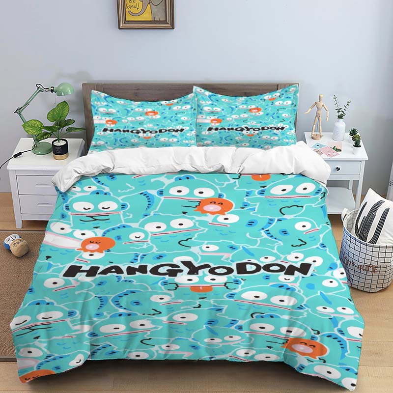 The virtual cartoon character HANGYODON themed three piece bedding set, including duvet covers and pillowcases, is the perfect