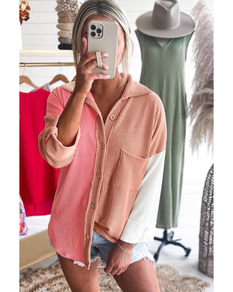 Azura Exchange Pink Ribbed Colorblock Drop Shoulder Shirt with Pocket