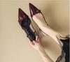 2024 New Summer French Wine Red Pointed Patent Leather Mid-heel Overhead Sandals for Women Retro Skinny Heel Back Empty Shoes