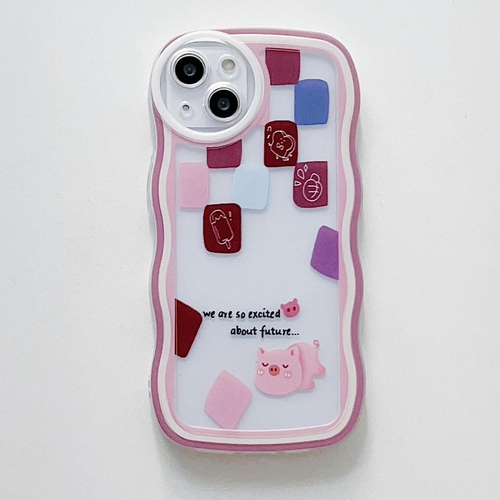 Transparent Wave Edge Painted Silicone Case for Xiaomi Redmi Note 10 11 12 iPhone 15 14 13 11 Samsung A54 A34 A24 Funda Cat Piggy Bear Cover Bumper