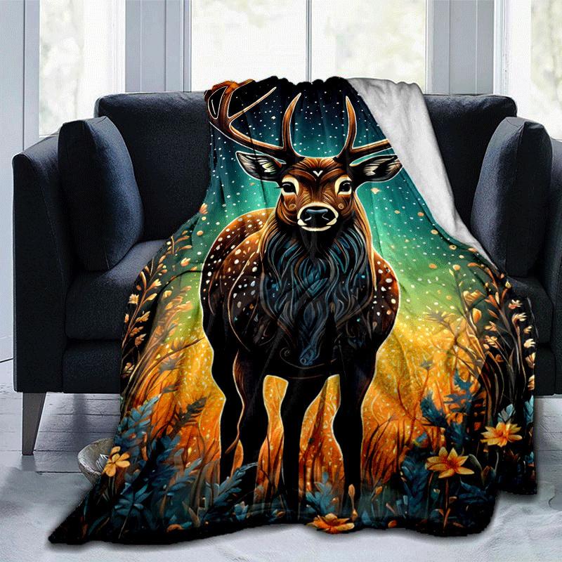 1pc Deer Printing Lightweight Flannel Blanket, Comfortable and Warm Blanket, for Camping Sofa Bed and Couch Office, Suitable for Gift Blanket