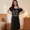 Womens Off Shoulder Letter Print Mid Length Short Sleeve Sexy Casual Nightdress Homewear