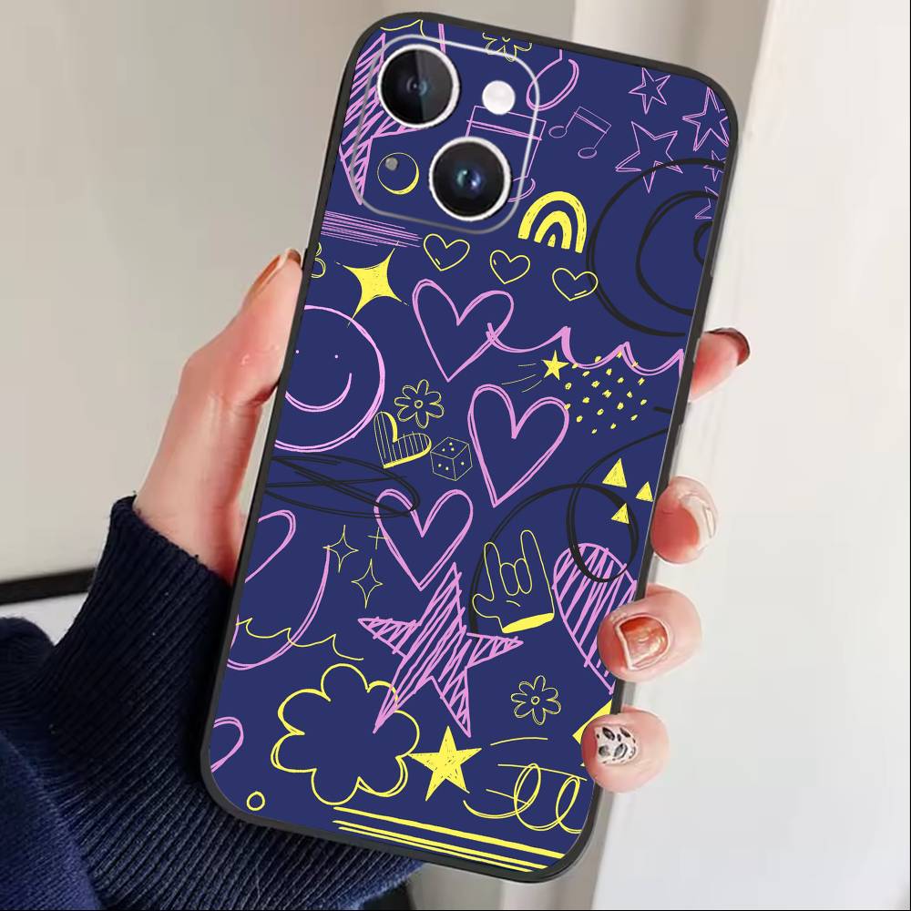 Y2k INS Чехол для телефона с граффити для iPhone17,16,15,14,13,12 Plus,Max Мягкий силиконовый черный чехол