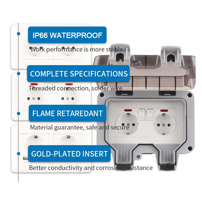IP66 EU Немецкий стандарт двойная розетка с выключателем питания с USB и подсветкой, наружная водонепроницаемая пылезащищенная настенная розетка с выключателем для дома