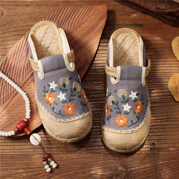 2025 Вышитые балетки: Весна, лето, осень Женская повседневная обувь из льна в национальном стиле