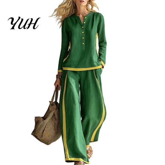 Women Two Piece Outfits Matching Set, V-Neck Button-Up Sweatshirt, High Waisted Vacation Wide Leg Pants, Contrast Color Lounge Set for Daily Wear Sets
