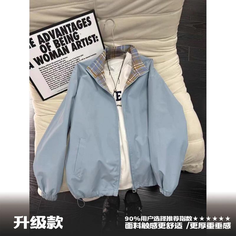 Plaid Spliced Jacket Men Women American Retro Casual Comfortable Coat