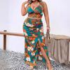 Women's Plus Size Floral Print Camisole Top Skirt Suit V-Neck Sexy Pleated Split Skirt Suit