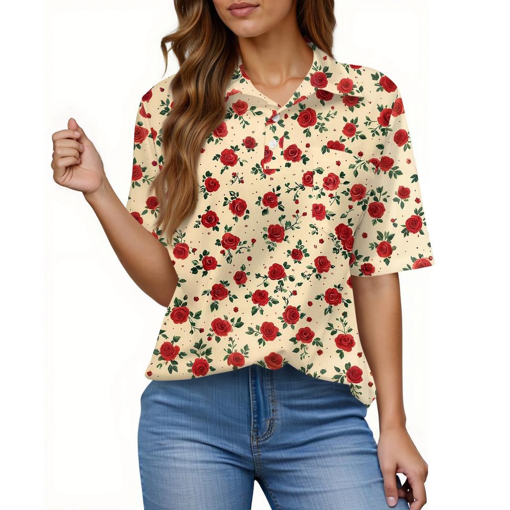 Women's Fashion Casual Button Pocket Shirt Short Sleeve Print Lapel Top