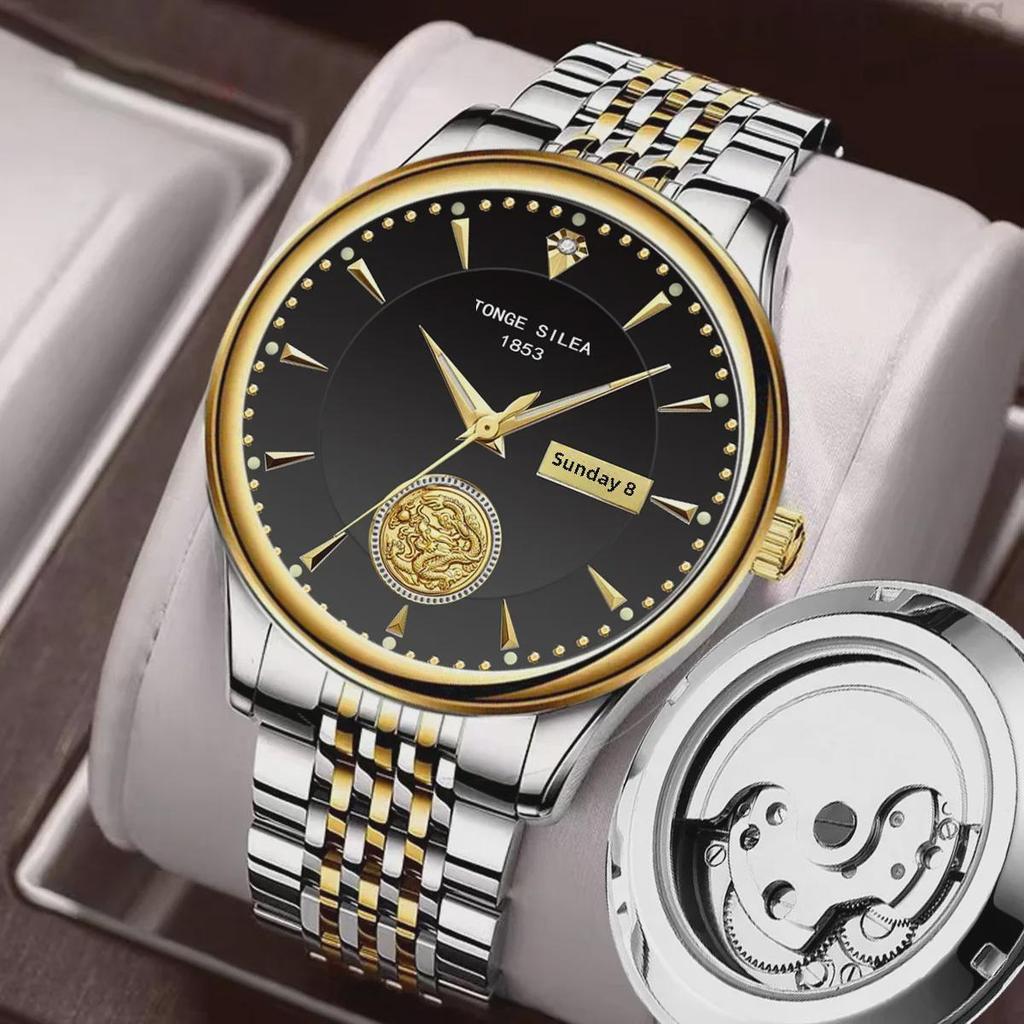 Автоматические мужские механические часы Jinlong с прозрачным корпусом и ремешком с застежкой-бабочкой