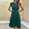 Summer Holiday Women's O Neck Short Sleeve Solid Color Pleadted Chic Pleated Dress