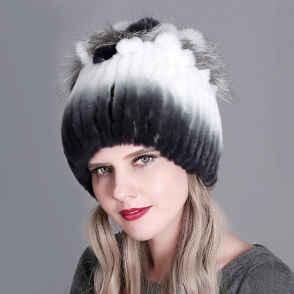 Winter Premium Rabbit Fur Beanie Hats Genuine Rabbit Fur Caps Women Winter Fur Rex Rabbit Knitted Hats Warm Beanie Caps