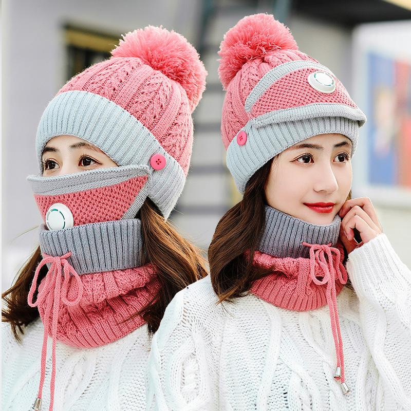 Fashionable Cycling Hat, Ear Protection Wool Hat, Mask Scarf, Knitted Warmth, with Breathing Valve, Three Piece Cap Set, Winter Cycling Equipment