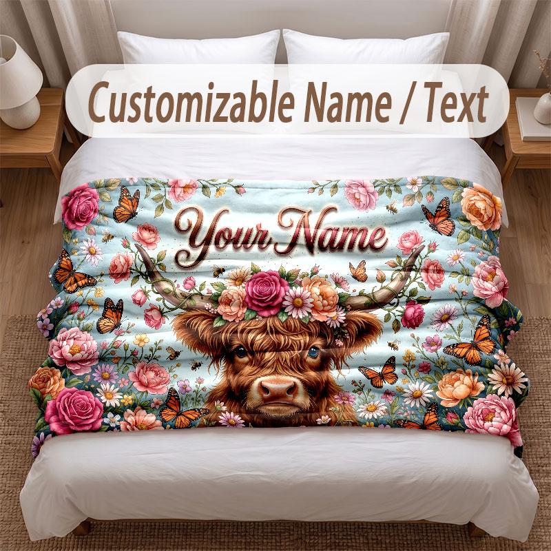 Highland Cow Theme Soft Blanket Personalized Custom Name Text Print Warm Blanket Home Sofa Bedroom Decor