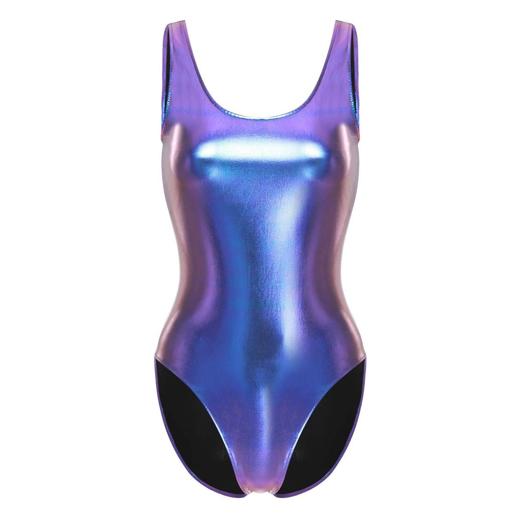 Women Sleeveless Shiny Metallic Bodysuit for Dance Yoga Gymnastics Stage Performance Rave Costume