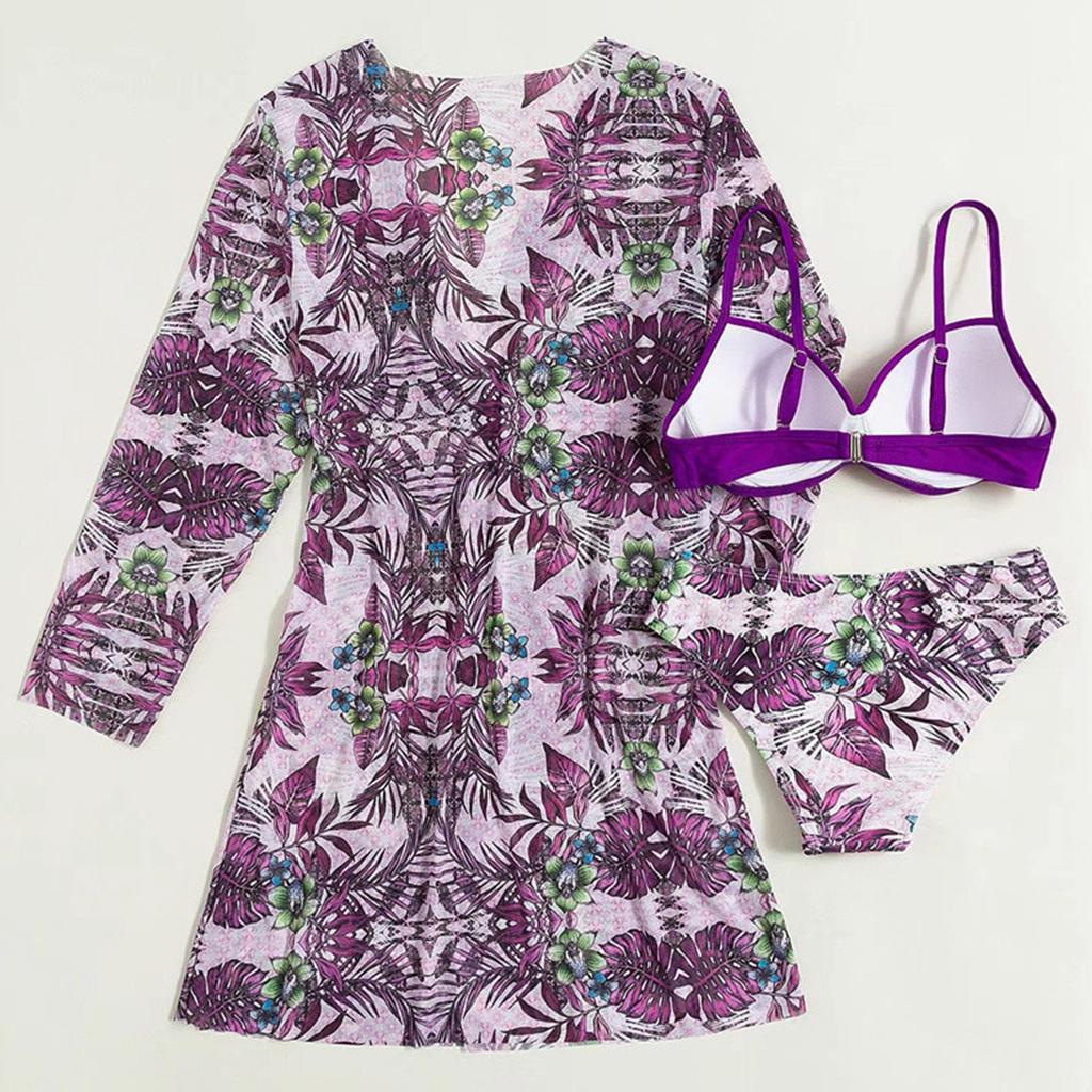 Женский бикини с цветочным принтом, сексуальный быстросохнущий купальник, комплект из 3 предметов