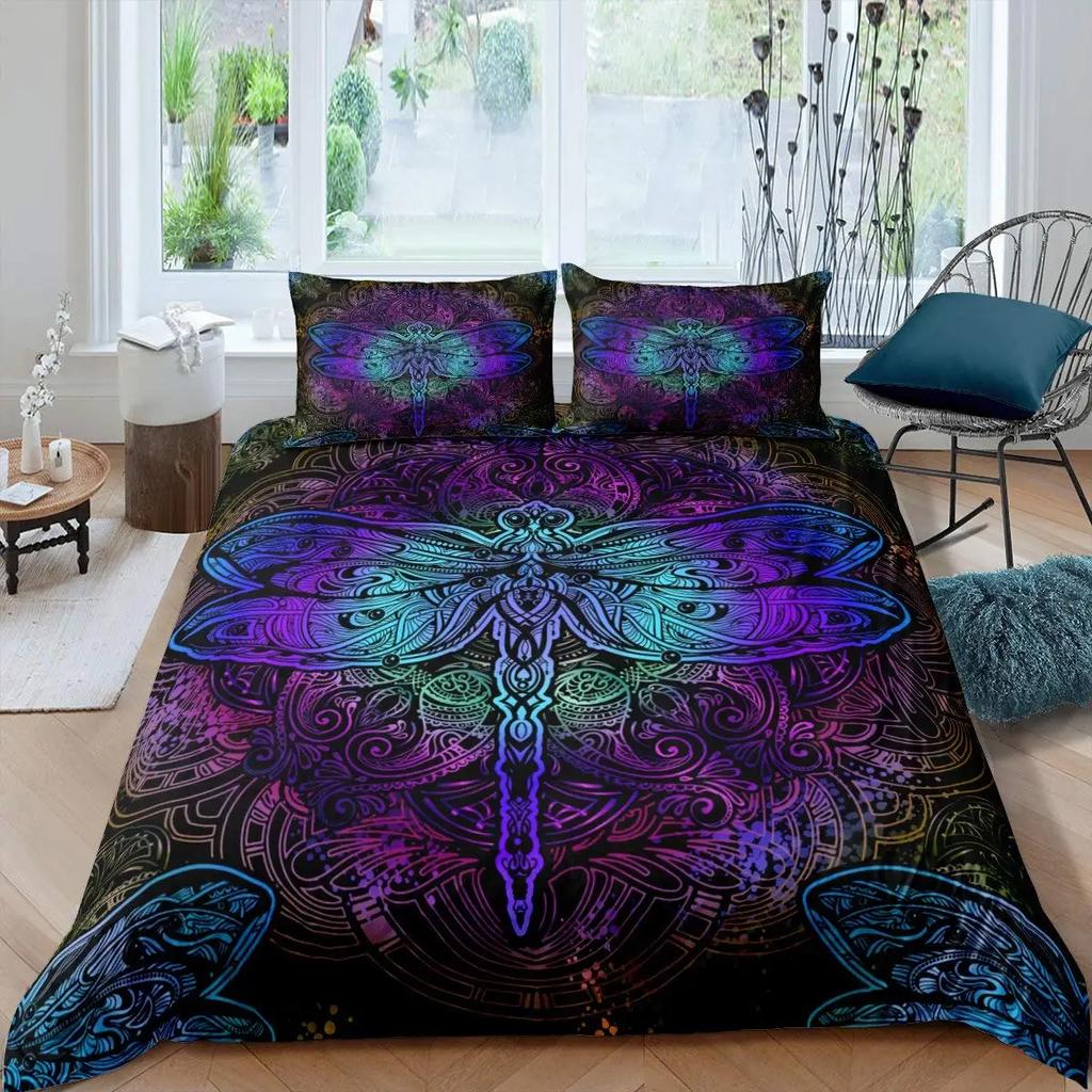 Bohemian Dragonfly Duvet Cover Set King Size Mandala Paisley Bedding Set Purple Tie Dye Iridescent Hippie Polyester Quilt Cover
