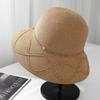 Elegant fashion bead chain bow double streamer big eaves curled straw hat women's summer outing shading straw bucket hat