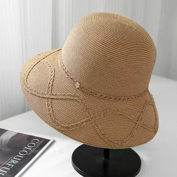 Elegant fashion bead chain bow double streamer big eaves curled straw hat women's summer outing shading straw bucket hat