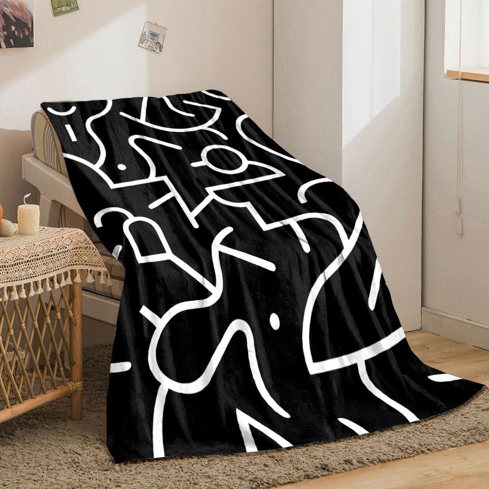 Abstract white lines and shapes on a black background, forming fluid forms. for all seasons blanket lunch break throw gift
